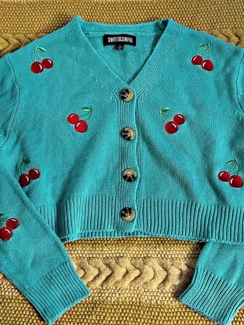 Sweet & Sinful Cherry Embroidered Cropped Cardigan Size Medium